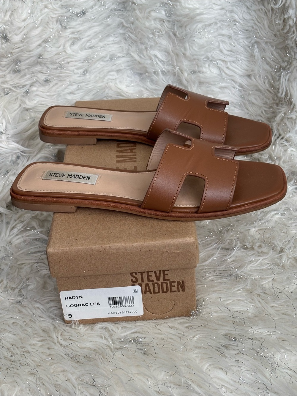 Steve Madden Hadyn Cognac Lea Brown Women’s Leather Slide Sandals Size 9